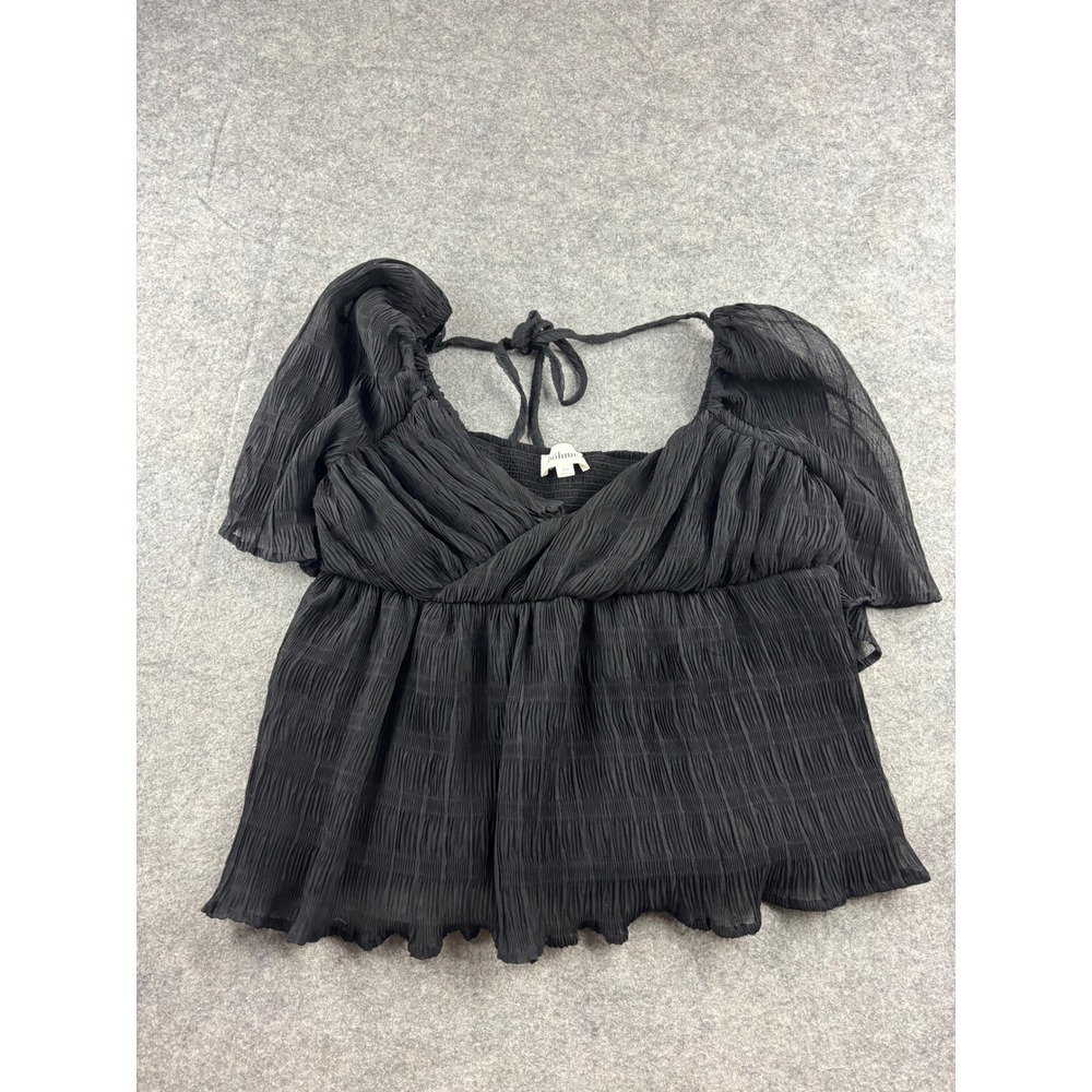 Bohme Black Plisse Babydoll Top Short Sleeve Surplice Smocked Back XS